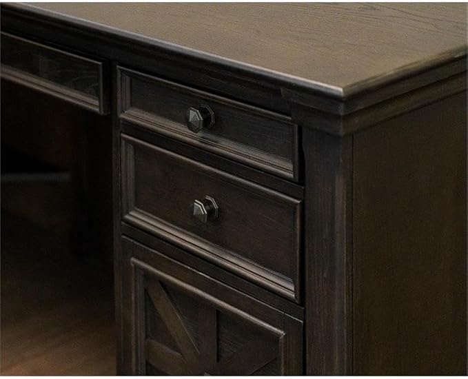 Pemberly Row 66" W Wood L-Desk & Return Writing Table, Dark Brown Finish, Keyboard Drawer, Locking File Drawers, Utility Storage, Wire Management, AC Power Outlets, Home Office Desk