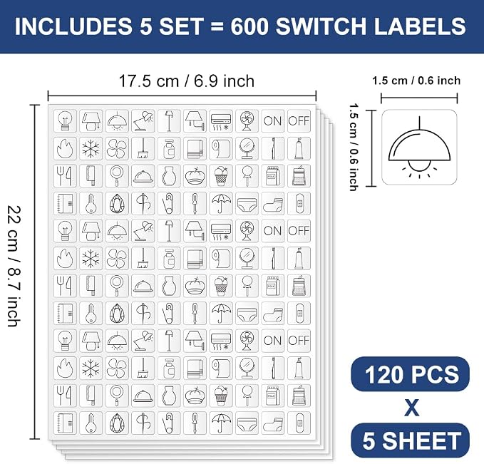 600 Pcs Light Switch Sticker Labels, 40 Designs Transparent Switch ID Stickers Black Switchboard Label Decals for Home, Kitchen, Bathroom, Office School