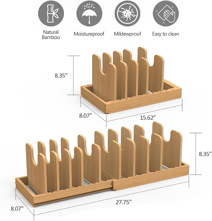 Pots and Pans Organizer under Cabinet,Pot and Pan Organizer,Lid Organizer | Expandable Bamboo Pan and Lid Organizer, 16" to 28" Adjustable Length and 10 Dividers