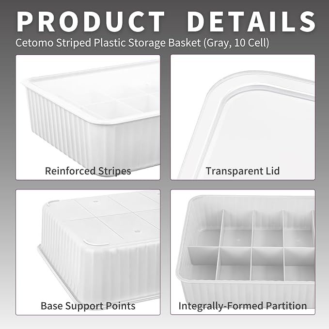 Cetomo 10 Cells Plastic Underwear Sock Drawer Organizer with Lid, Lidded Storage Box with Dividers for Bras and Socks, Basket for Closet, Stackable, Gray, 10 Compartments (31 x 24 x 8 cm)