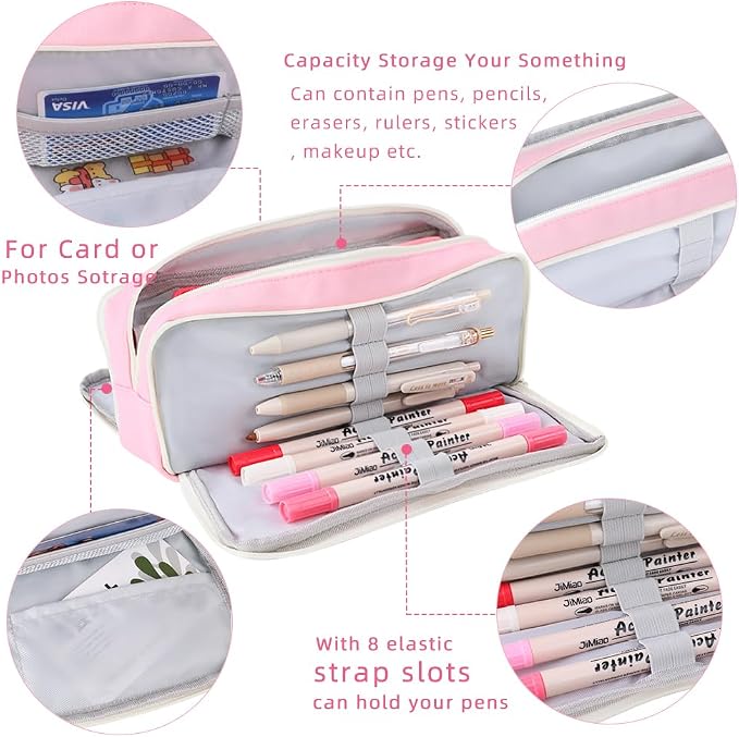 iSuperb 3 Compartments Pencil Case Pouch Big Capacity Pencil Holder for Kids Teen Girls Boys Student School Supplies Oxford Stationery Storage Cosmetic Case (Pink)