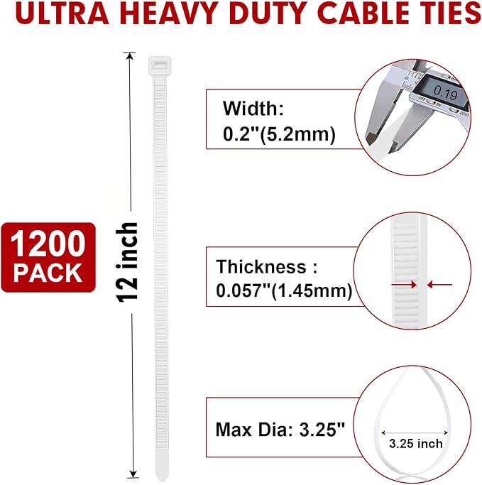 Zip Ties, RAZCC 1200pcs Cable Zip Ties 12 Inch, Heavy Duty White Plastic Wire Ties with 70lb Tensile Strength, Self-Locking Nylon Cable Ties, Wire Management for Indoor and Outdoor