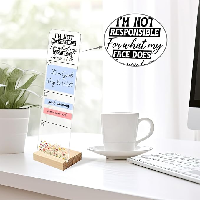 Sticky Note Holder, Monitor Memo Board, Acrylic Post It Note Holder with Wooden Base, Includes 200 Notes, Desk Organizer Sassy Face Quote