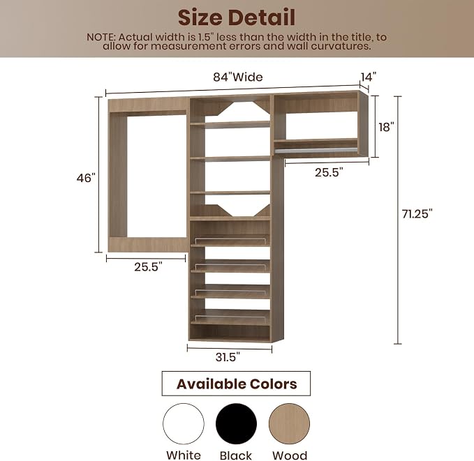 ROOMTEC Modular Closet System, 84" Wall Mounted Modern Closet Organizer with Hanging Rods and Shoe Shelf, Wooden Tower for Walk-In Closets, Wardrobe Storage Kit, Wood