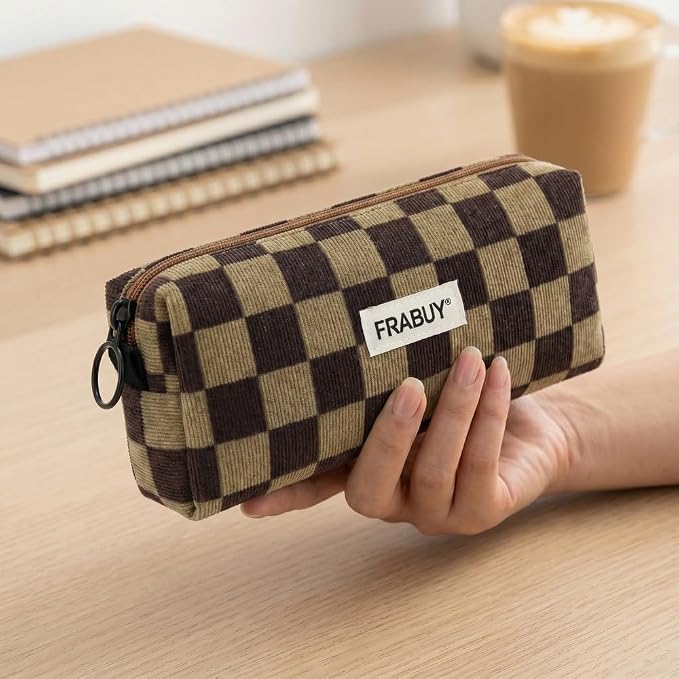 Soft Corduroy Pencil Case Pen Pouch Organizer, Small Stationery Bag | Cute Dark Brown Checkerboard pouch, smooth zipper, daily cosmetics holder, compact organizer for school teen girls, women