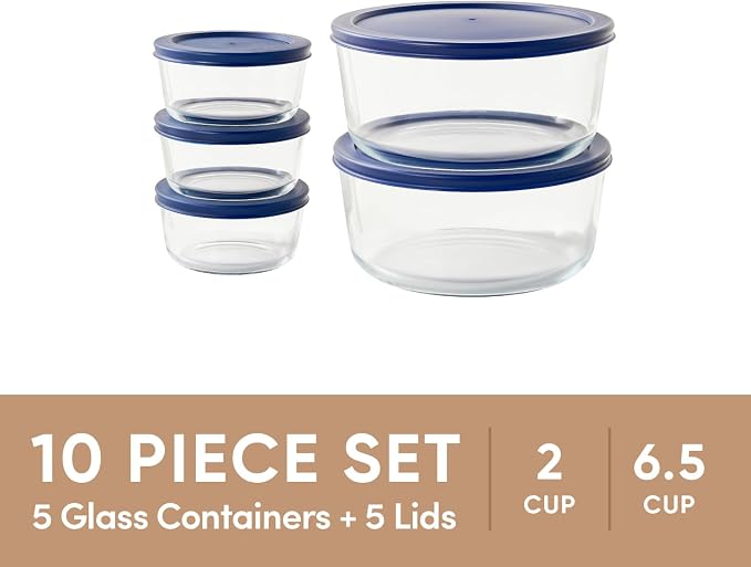 10-Piece Glass Food Storage Containers Set (5 Containers + 5 BPA-Free Lids) | 2-Cup & 6.5-Cup, Leakproof | Microwave, Freezer, Oven & Dishwasher Safe | Ideal for Meal Prep & Pantry Organization, Blue