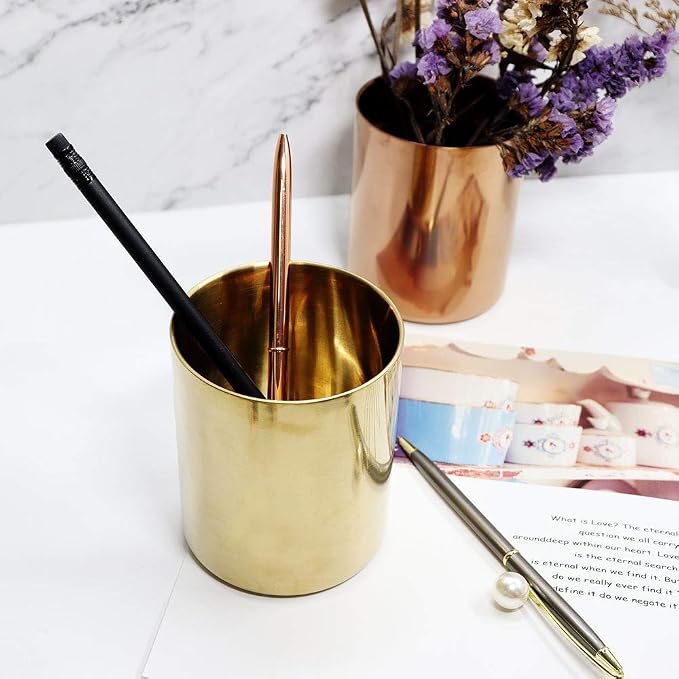 MultiBey Gold Pencil Holder Cup, Luxury Pen Holder Metal Organizer | Small Gold Vase Pen Holder Cup Desk Accessory for Office Home