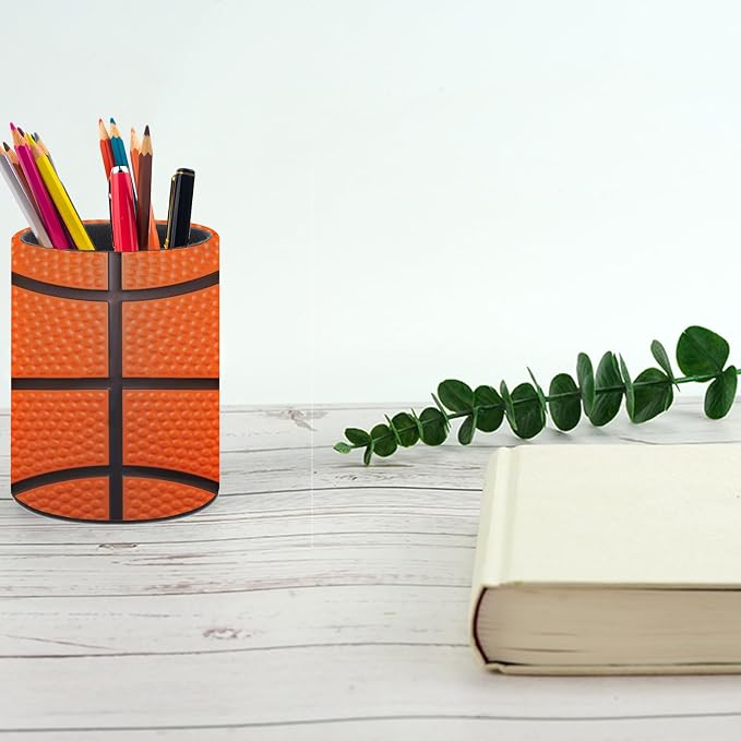 Basketball Texture Pen Holder Pencil Cup for Desk Organizer | Cute Makeup Brush Holder PU Multifunctional Office Suppliesfor Decor Home Classroom School