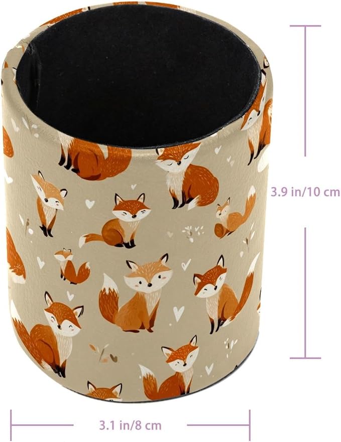 Faux Leather Pen Holder for Desk, Pencil Organizer Cute Fox Pen Cup Desk Decor Makeup Brush Holder Storage for Office Home