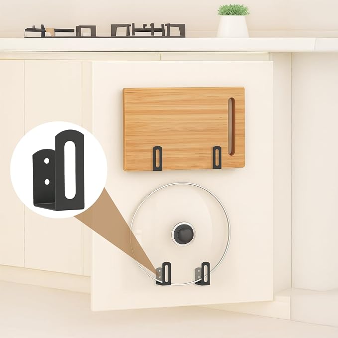 Under Cabinet Cutting Board Holder - 8 Pcs Stainless Steel Cutting Board & Pot Lid Rack Storage, Under Shelf Counter Chopping Board Organizer (Grey)