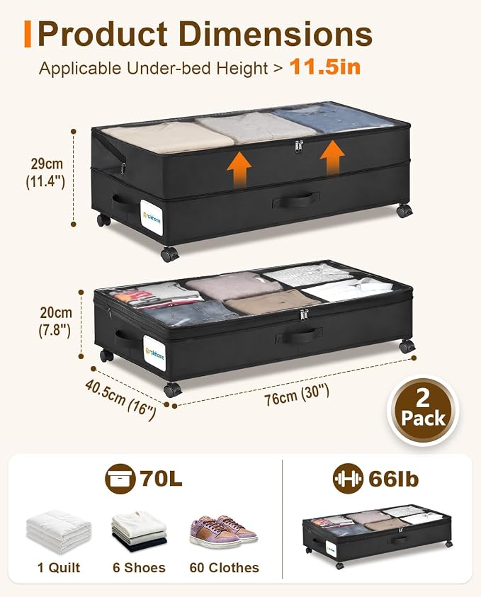 Under Bed Storage w/Wheels,70L Under Bed Containers,2 Pack-Black | 11.5 Inch Under Bed Storage Containers,70L Large Adjustable Underbed w/ Lids,Rolling Underbed Storage Bins for Shoes,Clothes