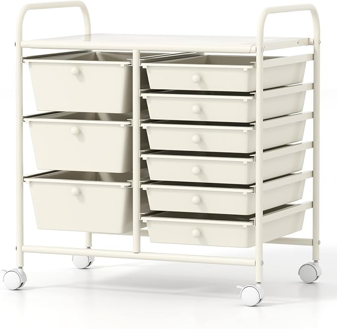 Moccha 9-Drawer Rolling Storage Cart - Under Desk Storage Drawers with wheels for Craft Art Supply Paper Salon, Scrapbook Paper Tools, Mobile Utility Cart for Classroom, White