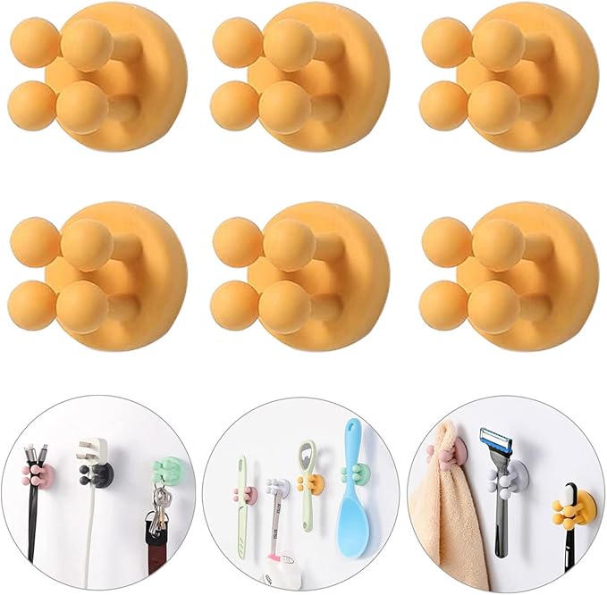 iBetterLife Silicone Toothbrush Shower Holder - 6Pcs Self Adhesive Wall Mounted Single Hook for Hanging Tooth Brushing, Functional Utility Plug Holder for Bathroom Kitchen Living Room Office, Yellow