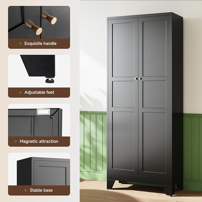 Letaya 75" H Metal Storage Cabinet with 2 Doors and 4 Shelves,Tall Kitchen Pantry Cabinets,Farmhouse Utility Pantry Organizers for Cupboard/Dining/Bathroom/Home Office/Garage Room,Black