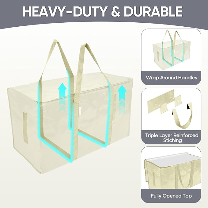 TICONN 4 Pack Extra Large Moving Bags Heavy Duty with Zippers & Carrying Handles, Durable Storage Bags Moving Boxes for Closet Organizers and Storage (4 Pack, Cream)