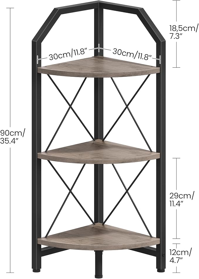 CHOEZON 3-Tier Corner Shelf, Industrial Corner Bookshelf, 35.4" Storage Stand, Plant Stand Display Shelf, Bookcase for Bedroom, Living Room, Home Office, Greige and Black TCJ03BG