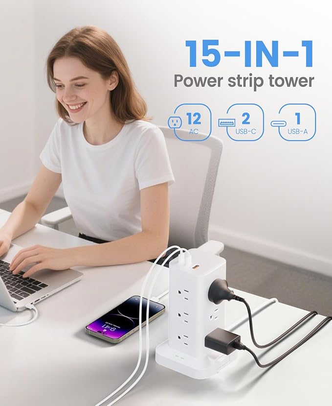 Power Strip Tower with Surge Protector 1800J, Fast Charging Tower PD20W USB-C Ports with 12 AC Outlets, Extension Cord for Home Office Dorm Room, 10ft, White