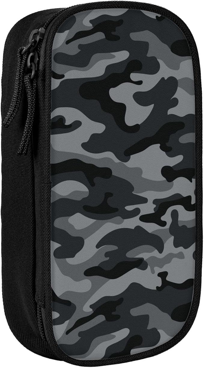 Perinsto Army Camouflage Pencil Case Big Capacity Multi Compartment Stationery Box Black And Grey Camo Pencil Pouch Holder Desk Organizer For School Office Home, Black