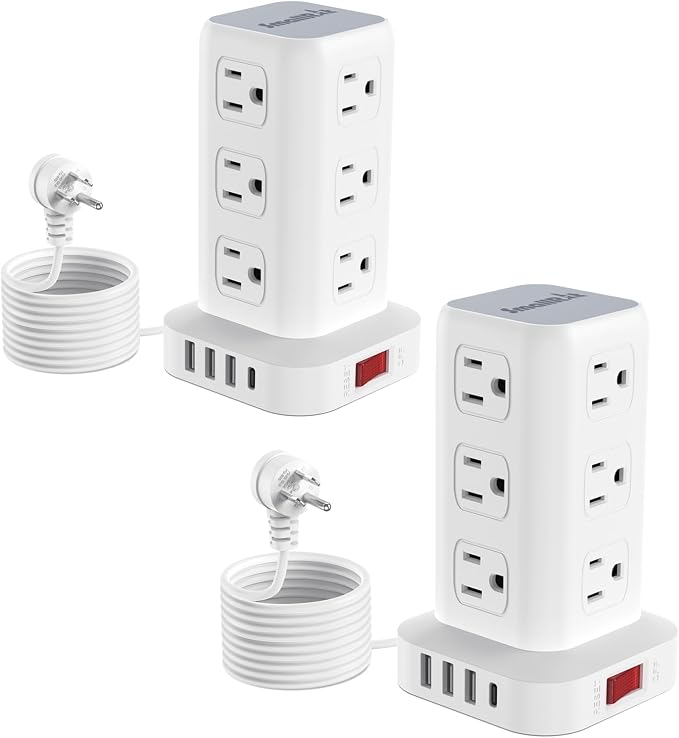 Tower Surge Protector Power Strip with 12 Outlets 4 USB (1 USB C), 6.5Feet Extension Cord with Multiple Outlets, Charging Station, Power Strip Tower, Office Desk Supplies (2 Pack)