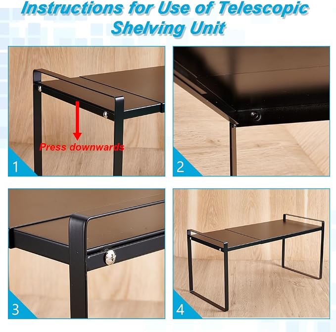 AHANDMAKER Adjustable Pantry Organizers Shelf Expandable 13.78 to 25.59inch Heavy Duty Alloy Freestanding Organizer for Under Sink Countertop Home Storage, Black