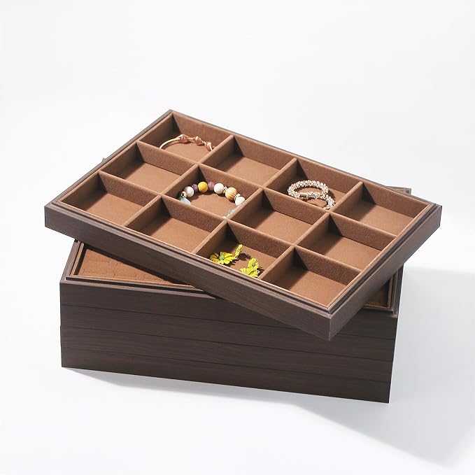 Wood Jewelry Organizer Tray, Bracelet Display (Brown, 2Pc, 12 Grids) | Stackable Jewelry Display, Bracelet Holder, Tangle-Free Bracelet Organizer, Watch Ring Storage