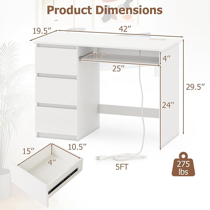 GOFLAME Computer Desk with 3 Drawers & Charging Station, 42” Home Office Desk with Storage & Keyboard Tray, Writing Desk PC Workstation Vanity Table (White)