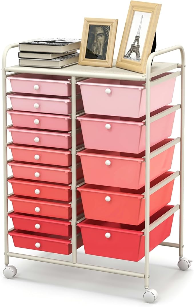 Moccha 15-Drawer Rolling Storage Cart - Under Desk Storage Drawers with wheels for Craft Art Supply Paper Salon, Scrapbook Paper Tools, Mobile Utility Cart for Classroom (15 Drawers, Gradient Pink)