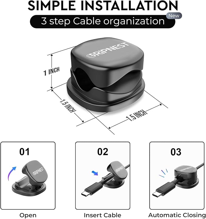 Cable Clips, 12 Pack Rotatable Cord Organizer with Adhesive | Strong Adhesive • 360° Rotatable • Keeps Cables Tangle-Free • For Desk, Car, Wall & Nightstand