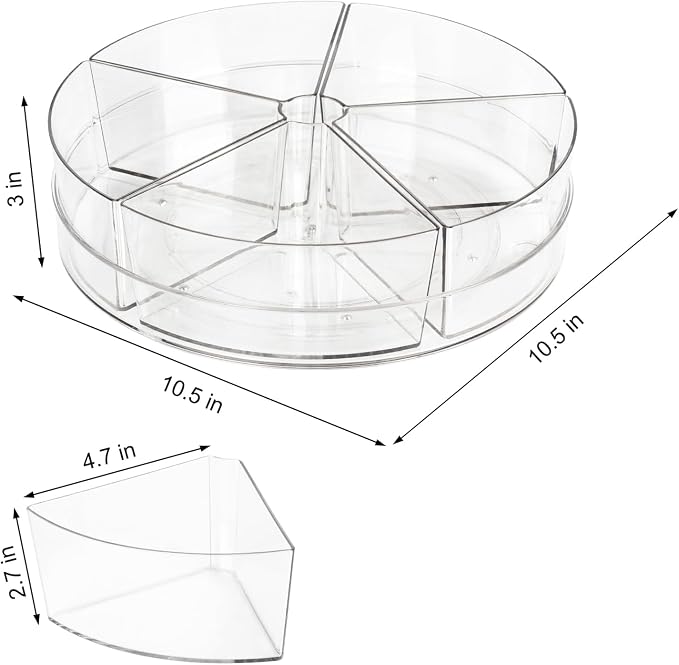Lazy Susan Organizer, 10.5" Rotating Clear Turntable Organizer with 5 Removable Dividers, for Kitchen, Bathroom, Cabinet, Pantry, Fridge, Vanity - Spinning Storage Container for Spices, Condiments
