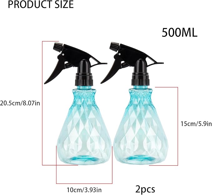 wugongshan 2 Pcs Spray Bottles, 500 ml/17 oz Empty Water Spray Bottles, Plastic Reusable Adjustable Mist Sprayer Squirt Bottles Containers Refillable for Cleaning Solutions, Gardening, Plants (Blue)
