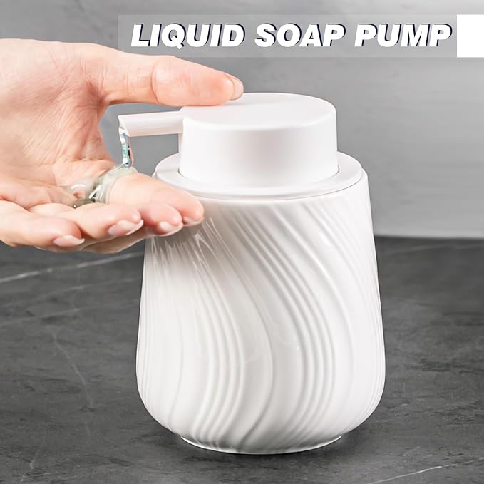 Agyiuns soap Dispenser Ceramic Lotion Dispenser with Easy-to-Press Pump for Bathroom 13.5 oz refillable Liquid Hand soap Dispenser for Hand sanitizers (Liquid-White)
