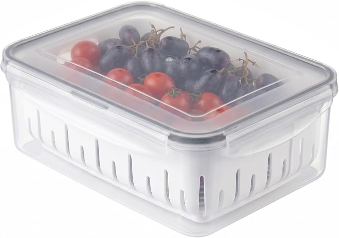 carrotez 11.4 Cup Produce Saver Container for Fridge with Colander 2.7L | Airtight Fruit & Vegetable Storage Bin, Removable Strainer Basket, BPA-Free, Stackable, White Colander