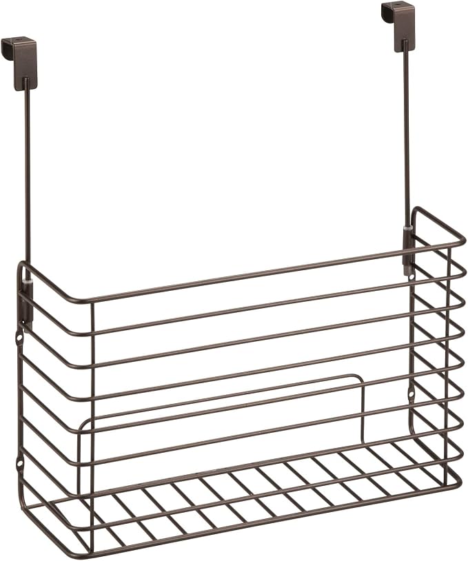 mDesign Over The Cupboard Hanging Storage Basket – Metal Bakeware Organiser and Cutting Board Holder – Excellent Kitchen Storage Solution – Bronze