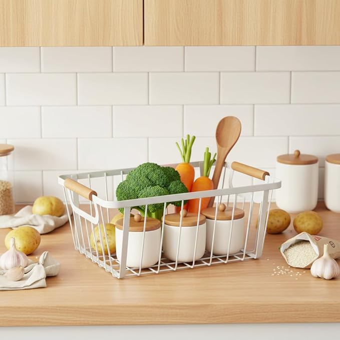LeleCAT White wire baskets for organizing with Wooden Handle ,Metal Wire Storage Baskets Country Vintage Style Snack Baskets. pantry organizers and storage，Kitchen,Bedroom,Bathroom,White,Set of 2