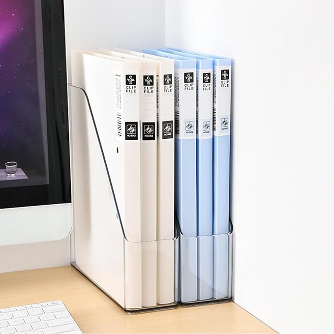 4-Pack Acrylic Vertical Magazine Holder & Book Organizer Clear Desktop File Storage Rack for Office/Home, Includes 3 Silicone Bookmarks (Space-Saving Design)