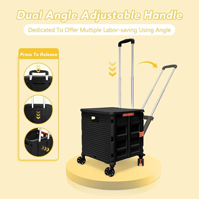 SELORSS Foldable Utility Cart Rolling Crate Handcart Shopping Cart with Rotate Wheels Extended Magnetic Lid Telescoping Handle Adjustable Angle for Transports Groceries Office Teacher File(Black)
