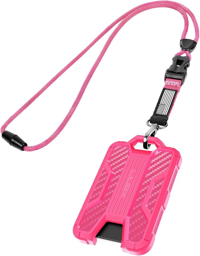 LIUGX Badge Holder with Breakaway Lanyard, Carbon Fiber-Texture, 6 Cards | American Flag, Quick Release Detachable Buckle, Metal Clip, Heavy Duty ID Card Holder, for Work, Office, All Pink