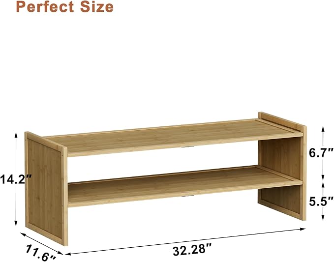 2 Tier Bamboo Shoe Rack, Extended Wood Shelf for Closet | Extended length fits more pairs. 6.7in height holds boots. Versatile for plants, books, sundries.