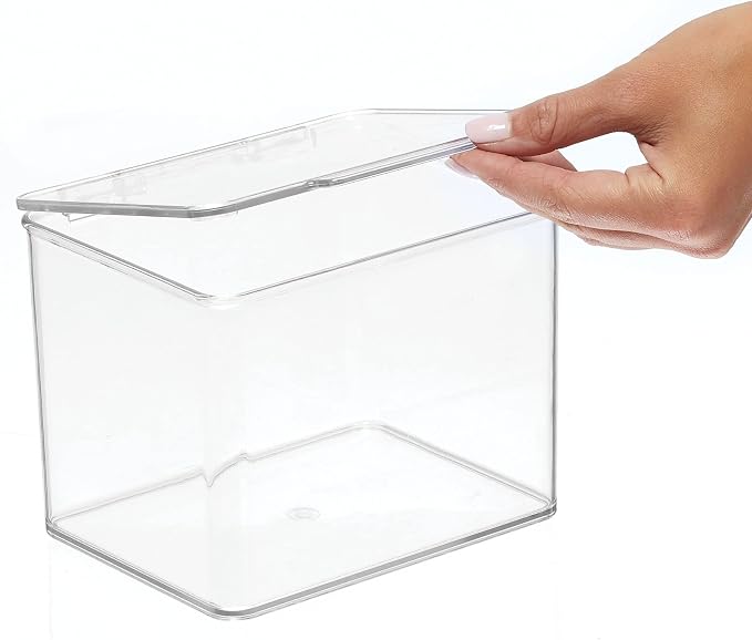mDesign Small Plastic Home Office Storage Organizer Box Containers with Hinged Lid for Desktops - Holds Pens, Pencils, Sticky Notes, Highlighters, Staples, and Supplies - Clear
