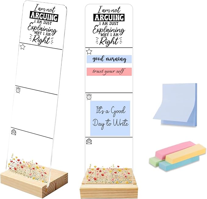 Sticky Note Holder, Monitor Memo Board, Acrylic Post It Note Holder with Wooden Base, Includes 200 Notes, Desk Organizer Funny Arguing Quote