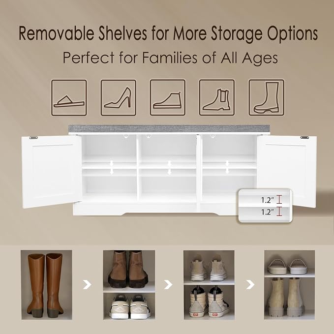 DINZI LVJ Shoe Bench, Entryway Storage Bench with Doors, Cushion, 2-Tier Shoe Rack with 6-Cubby, 39.4”L x 13.8”W Shoe Organizer Cabinet, Adjustable Shelf, Living Room, Bedroom, White