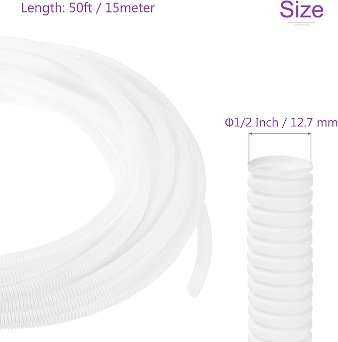 DMiotech 50ft Wire Loom Split Tubing 1/2 Inch(12.7 Mm) ID, Cord Protectors from Pet Flexible Conduit Cable Management for Office, Home, Garden, White