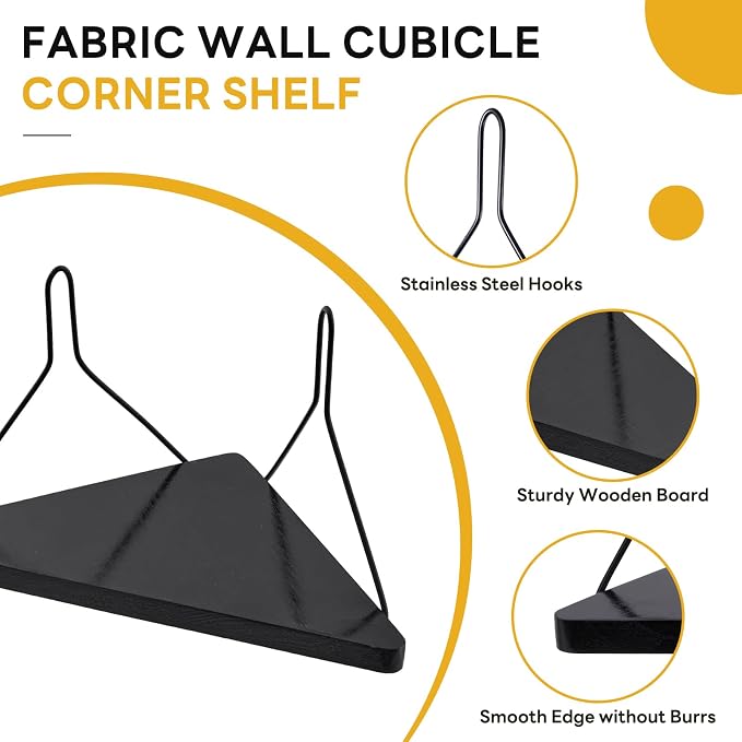 Fabric Wall Cubicle Corner Shelf with Hooks 11.8 Inch Wooden Triangular Cubicle Corner Shelf for Office Fabric Walls Display Storage Hanging Organizer for Work Decor Small Planter(Black，2 PCS)