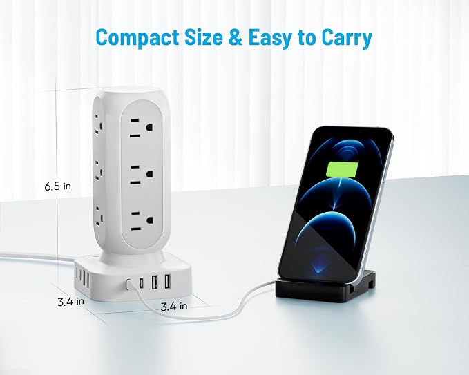 TenTrend Power Strip Tower, 4.8A Fast Charging Tower, 5 FT Extension Cord | 12 AC Outlets & 8 USB Ports (4USB-C), Flat Plug Charging Station for Home, Office, Dorm Room