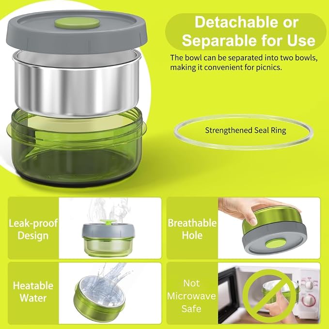 Lille Home Stainless Steel Thermal Lunch Box Set with Lunch Bag and Cultery | 22 Oz Vacuum Insulated Lunch Bento Box, to Keep Food Warm/Cool, 2 Small Food Container for Snack, Fruits and Sauces (Green)