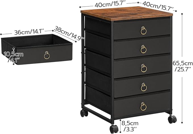 HOOBRO 5-Drawer Chest, Office File Cabinet with Drawers, Rolling Printer Stand, Filing Cabinet for Living Room, Home Office, Nonwovens Drawer, Easy Assembly, Black BFK50WJ01