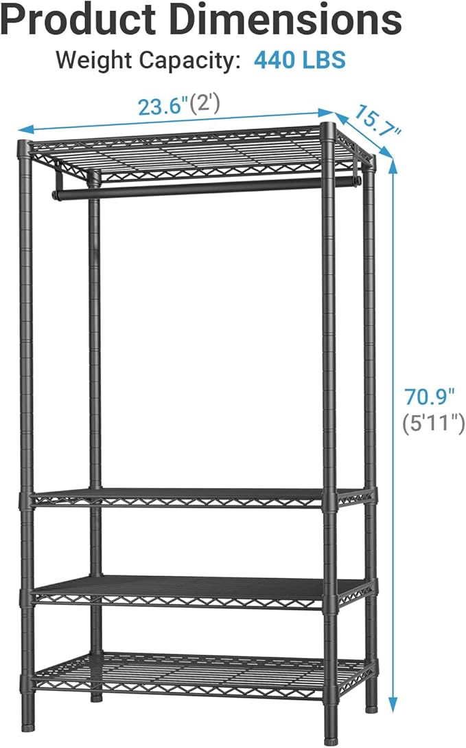 VIPEK V1 Medium Portable Garment Racks 440lbs Load Capacity, Heavy Duty Clothes Rack with 4 Tiers Adjustable Shelves & Hanging Rod, Compact Space-Saving Storage for Small Apartments/Dorms (Black)