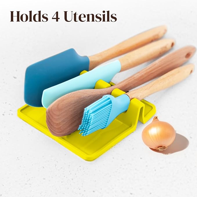 Cooler Kitchen Yellow Silicone Spoon Rest for Stove Top with Drip Pad (Two Pack) - Heat Resistant BPA Free Utensil Rest & Spoon Holder for Kitchen Counter - Grill Utensil Holder - Spatula Holder