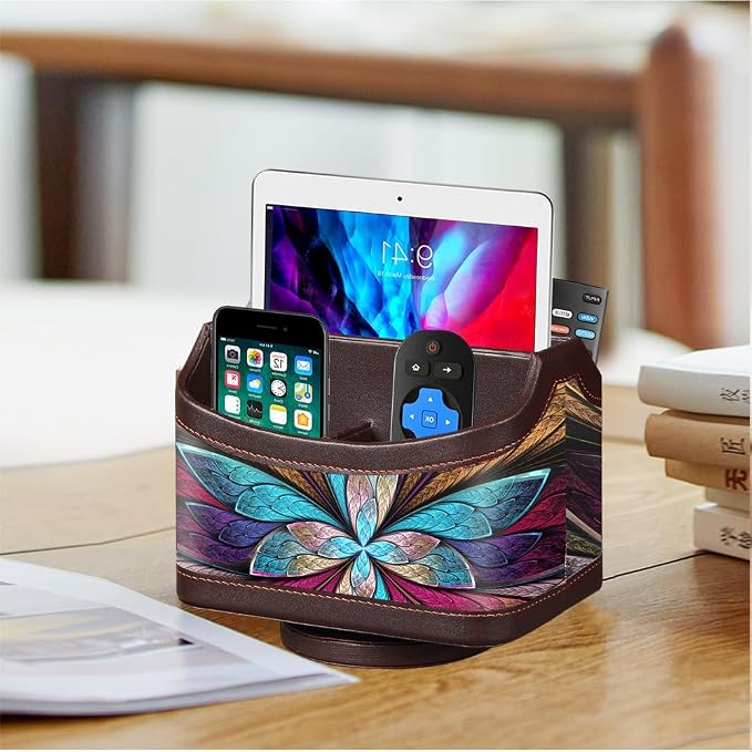 360° Rotating Remote Control Holder, PU Leather TV Remote Caddy, Pen Holder | Nightstand Organizer Storage Box with 5 Compartments for Pencil, Art Supplies, Makeup Brush, Office Desk Table Accessories
