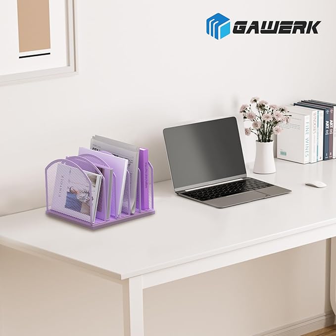 Gawerk 5-Section Vertical Desktop Organizer, 5-Section Mesh File Folder Stand Sorter for Office Home Classroom Organization (1, Purple)